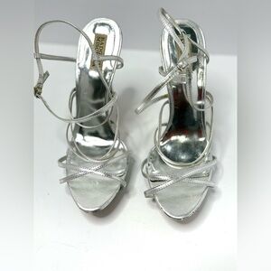 Badgley Mischka Metallic Silver Leather Strappy Heels Size 10